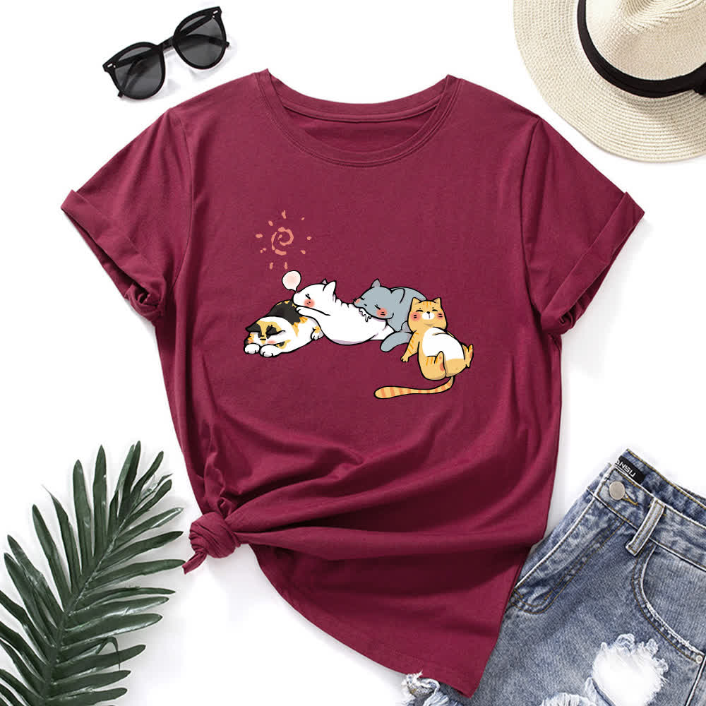 T-Shirt mit Rundhalsausschnitt und kurzen Ärmeln in Übergröße mit Katzen-Print - Wein - 5XL - image 12