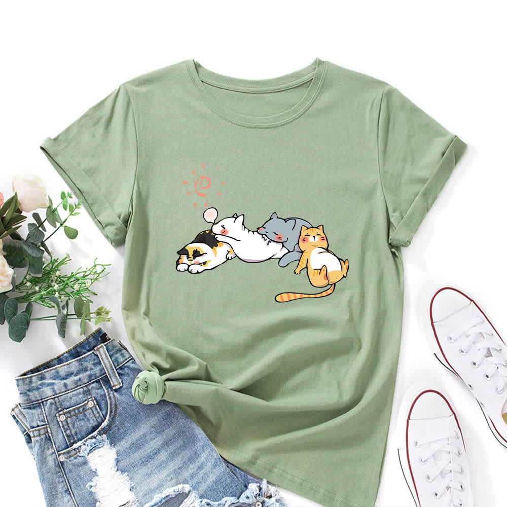 T-Shirt mit Rundhalsausschnitt und kurzen Ärmeln in Übergröße mit Katzen-Print - Olivgrün - 5XL - image 10