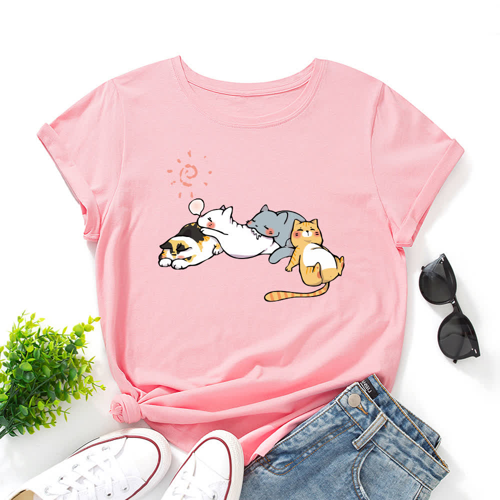 T-Shirt mit Rundhalsausschnitt und kurzen Ärmeln in Übergröße mit Katzen-Print - Dunkelrosa - 5XL - image 7