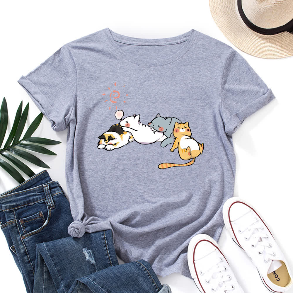 T-Shirt mit Rundhalsausschnitt und kurzen Ärmeln in Übergröße mit Katzen-Print - Hellgrau - 5XL - image 9