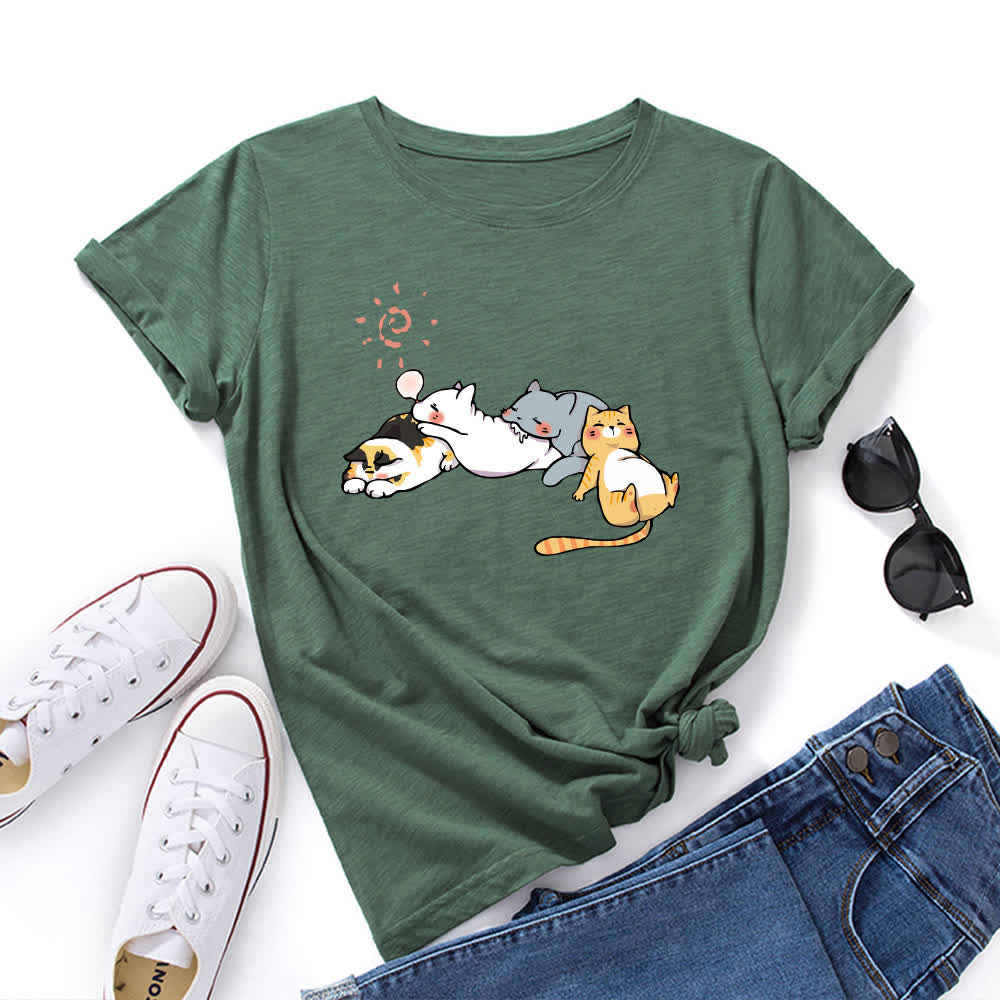 T-Shirt mit Rundhalsausschnitt und kurzen Ärmeln in Übergröße mit Katzen-Print - Armeegrün - 5XL - image 5