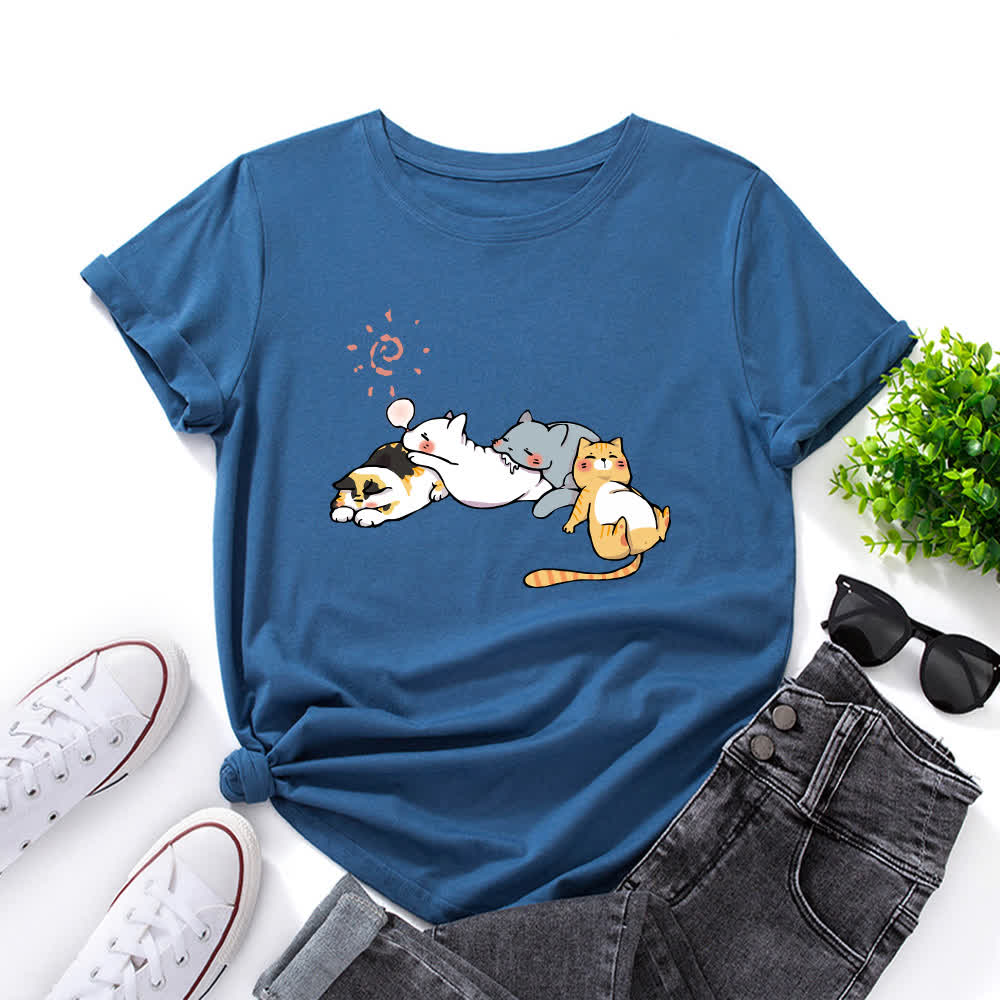 T-Shirt mit Rundhalsausschnitt und kurzen Ärmeln in Übergröße mit Katzen-Print - Königsblau - 5XL - image 4