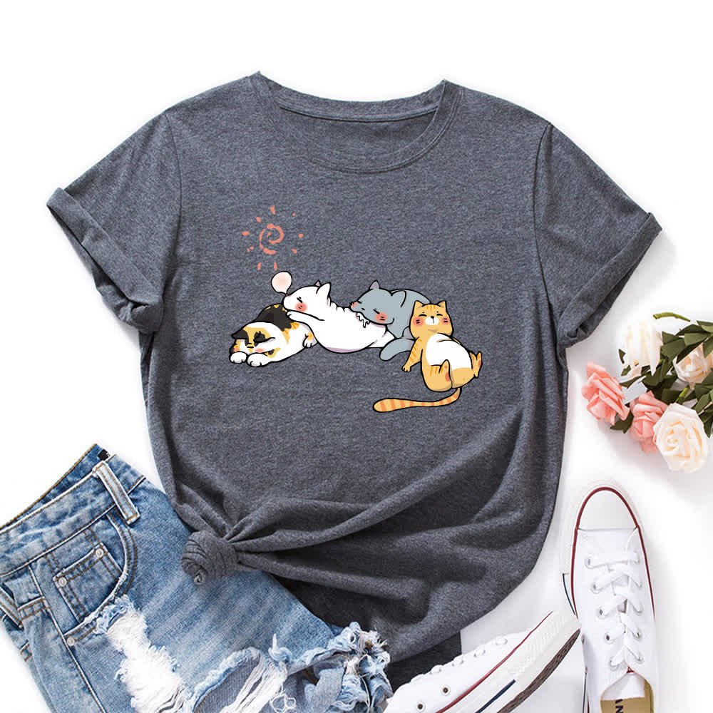T-Shirt mit Rundhalsausschnitt und kurzen Ärmeln in Übergröße mit Katzen-Print - Dunkelgrau - 5XL - image 7