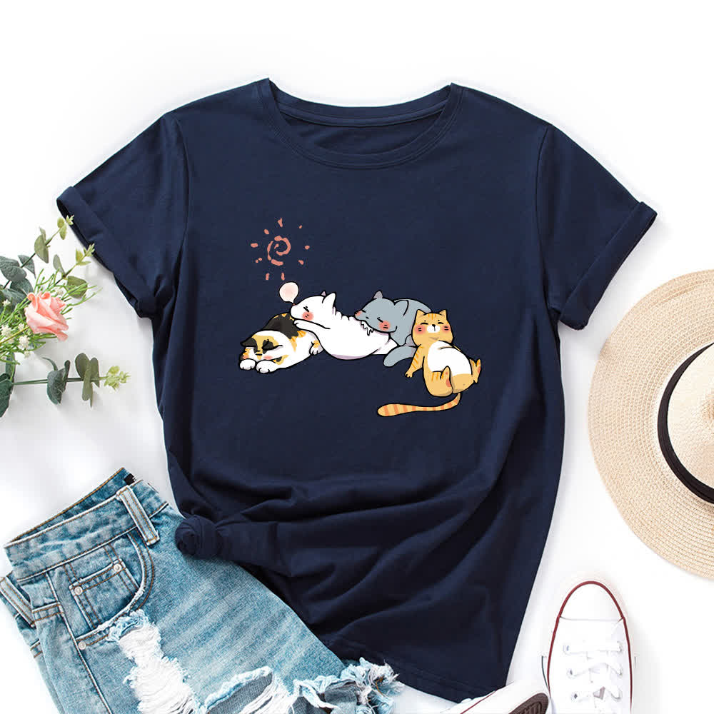 T-Shirt mit Rundhalsausschnitt und kurzen Ärmeln in Übergröße mit Katzen-Print - Marineblau - 5XL - image 9