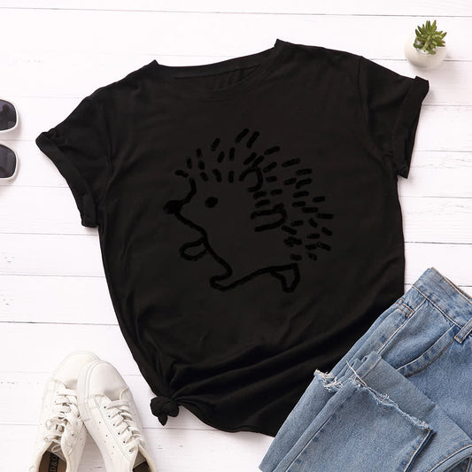 T-Shirt mit Rundhalsausschnitt und kurzen Ärmeln in Übergröße mit Igel-Print - Schwarz - 5XL - image 0