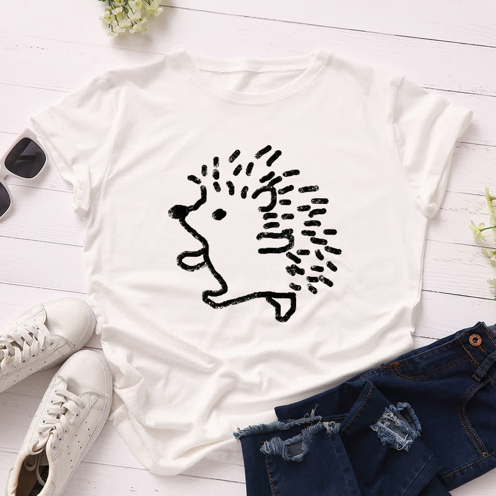 T-Shirt mit Rundhalsausschnitt und kurzen Ärmeln in Übergröße mit Igel-Print - Weiß - 5XL - image 3