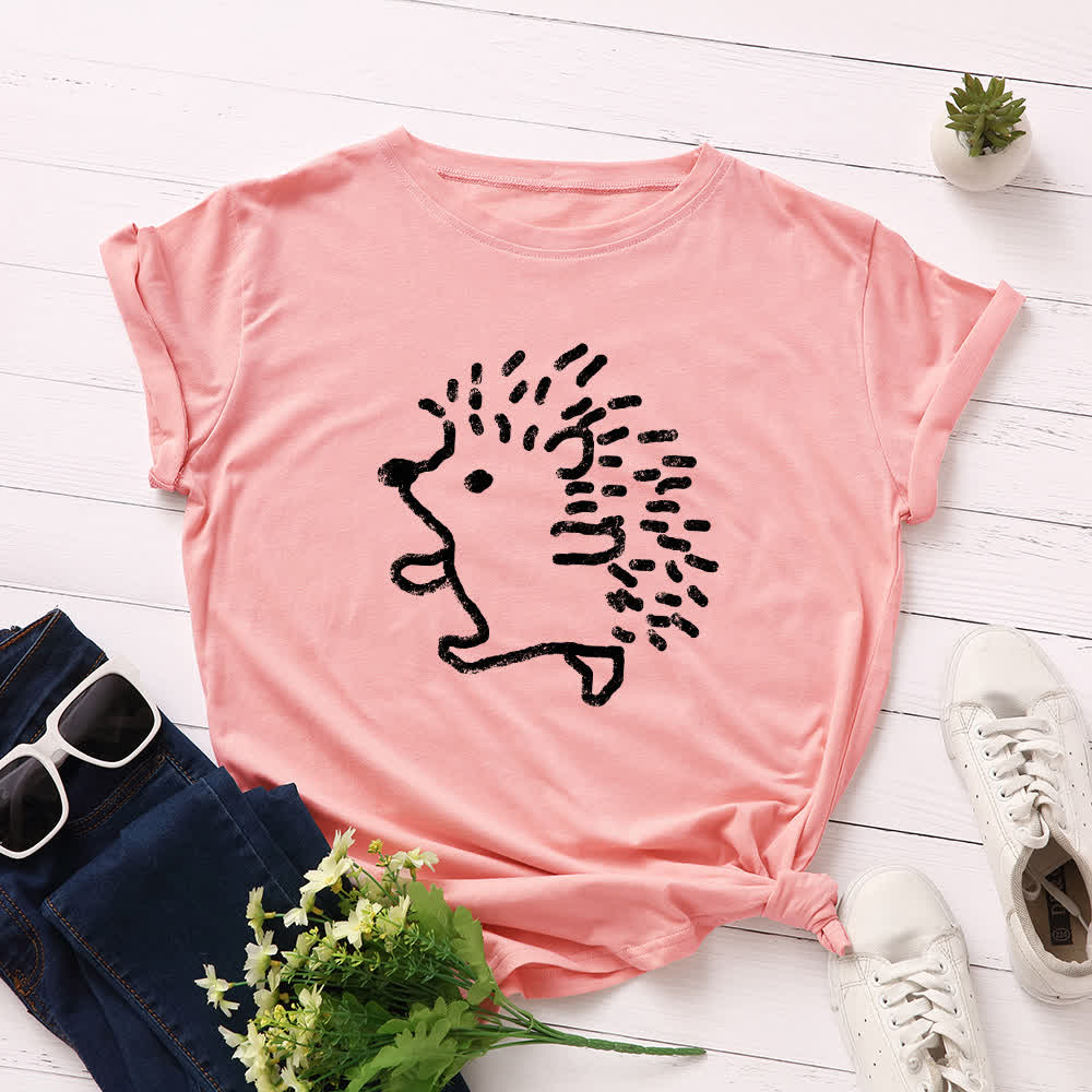 T-Shirt mit Rundhalsausschnitt und kurzen Ärmeln in Übergröße mit Igel-Print - Dunkelrosa - 5XL - image 8