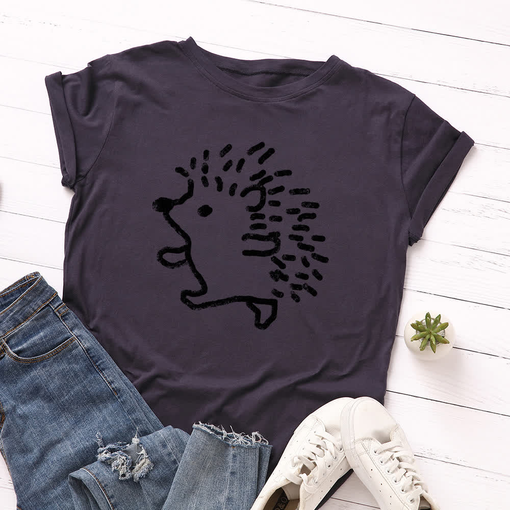 T-Shirt mit Rundhalsausschnitt und kurzen Ärmeln in Übergröße mit Igel-Print - Marineblau - 5XL - image 9