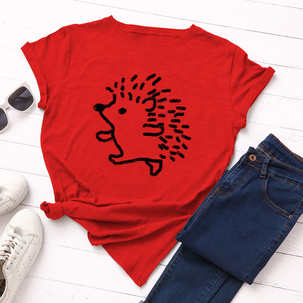 T-Shirt mit Rundhalsausschnitt und kurzen Ärmeln in Übergröße mit Igel-Print - Rot - 5XL - image 2