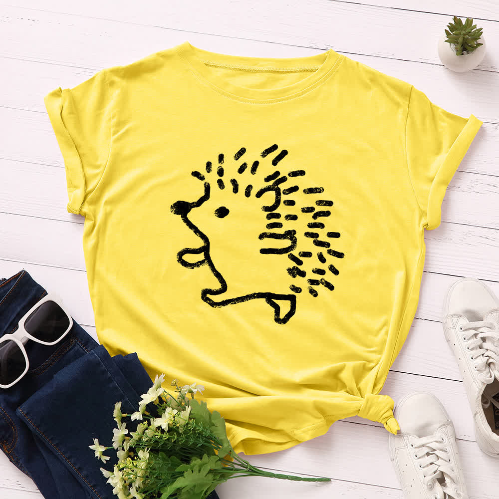 T-Shirt mit Rundhalsausschnitt und kurzen Ärmeln in Übergröße mit Igel-Print - Gelb - 5XL - image 2