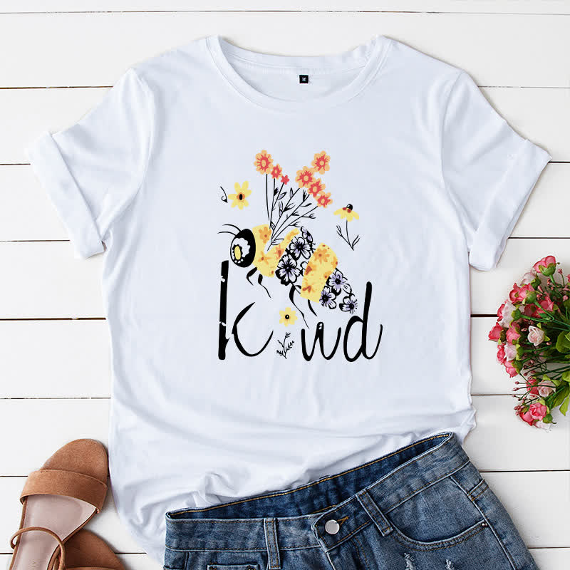 Kurzärmliges T-Shirt mit kreativem Bienen-Blumendruck in Übergröße - Weiß - 5XL - image 3