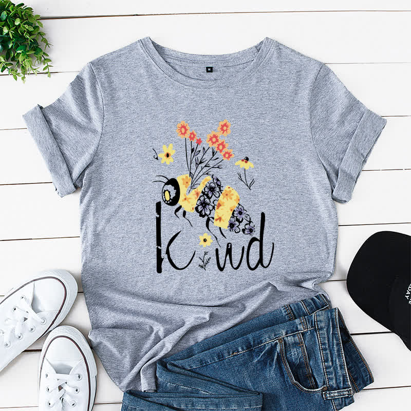 Kurzärmliges T-Shirt mit kreativem Bienen-Blumendruck in Übergröße - Grau - 5XL - image 2