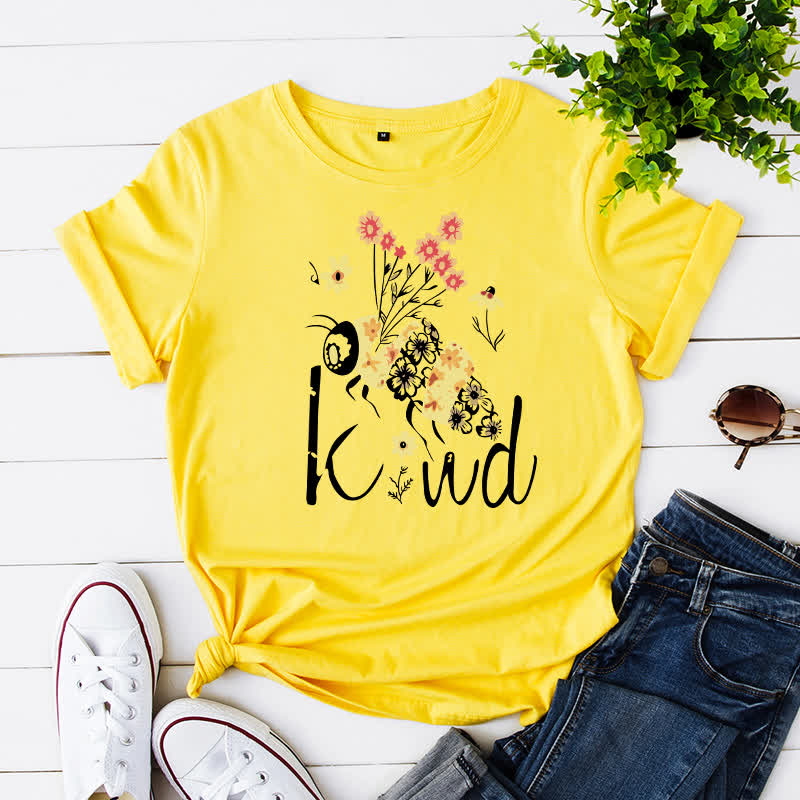 Kurzärmliges T-Shirt mit kreativem Bienen-Blumendruck in Übergröße - Gelb - 5XL - image 3