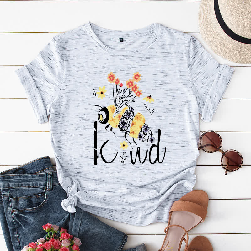 Kurzärmliges T-Shirt mit kreativem Bienen-Blumendruck in Übergröße - Weiß&Grau - 5XL - image 5