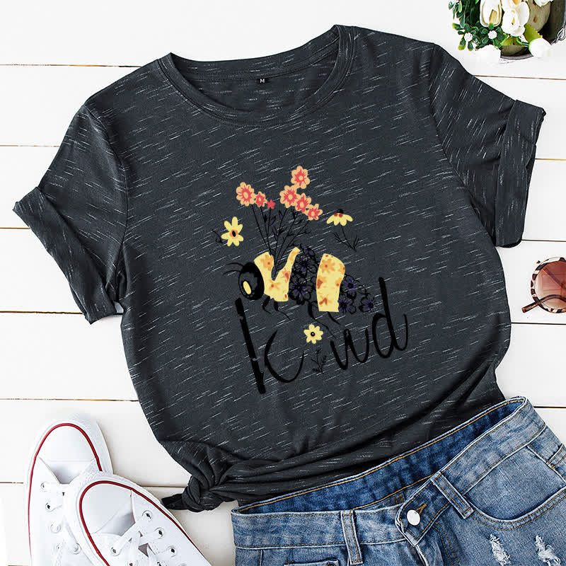Kurzärmliges T-Shirt mit kreativem Bienen-Blumendruck in Übergröße - Grau&Weiß - 5XL - image 5
