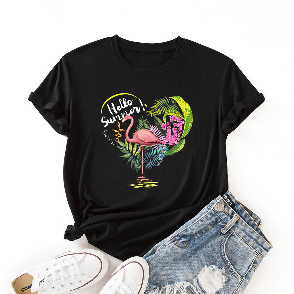 Kurzärmliges T-Shirt mit Herz-Flamingo-Print in Übergröße