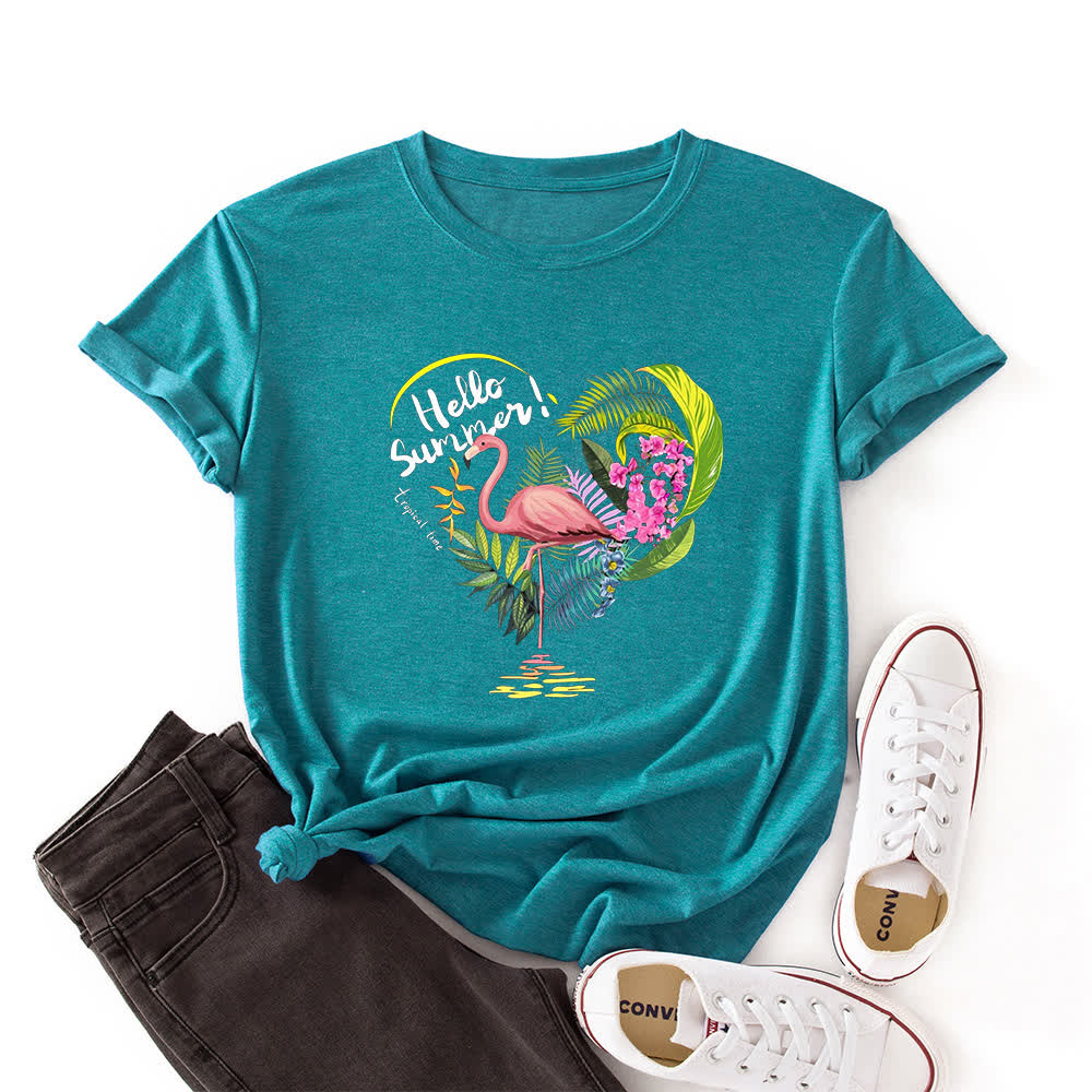 Kurzärmliges T-Shirt mit Herz-Flamingo-Print in Übergröße - Blau - 3XL - image 0