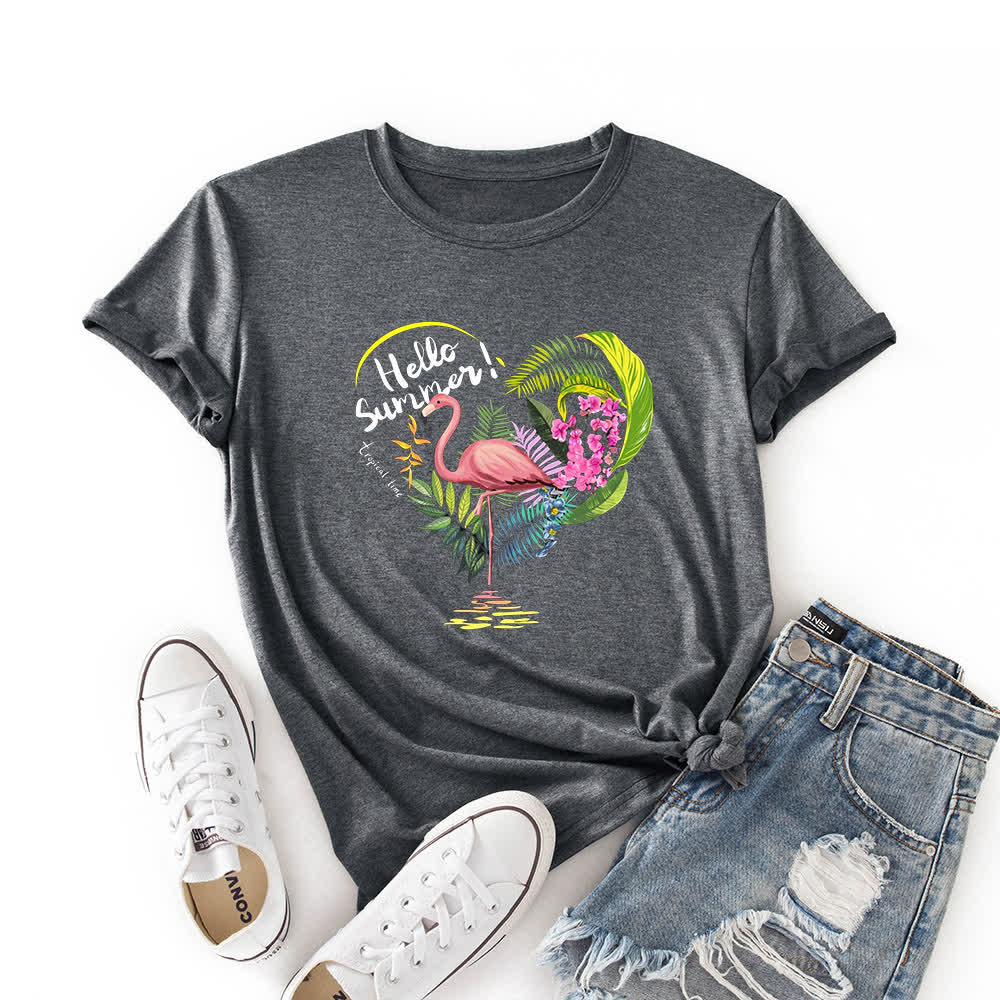 Kurzärmliges T-Shirt mit Herz-Flamingo-Print in Übergröße - Grau - 3XL - image 4