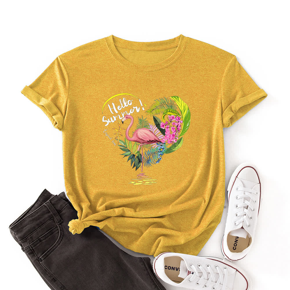 Kurzärmliges T-Shirt mit Herz-Flamingo-Print in Übergröße - Gelb - 3XL - image 3