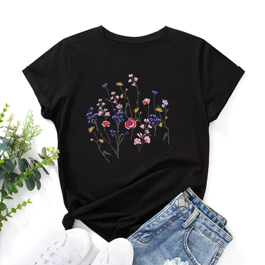 Kurzärmliges T-Shirt mit Blumendruck in Übergröße - Schwarz - 5XL - image 1