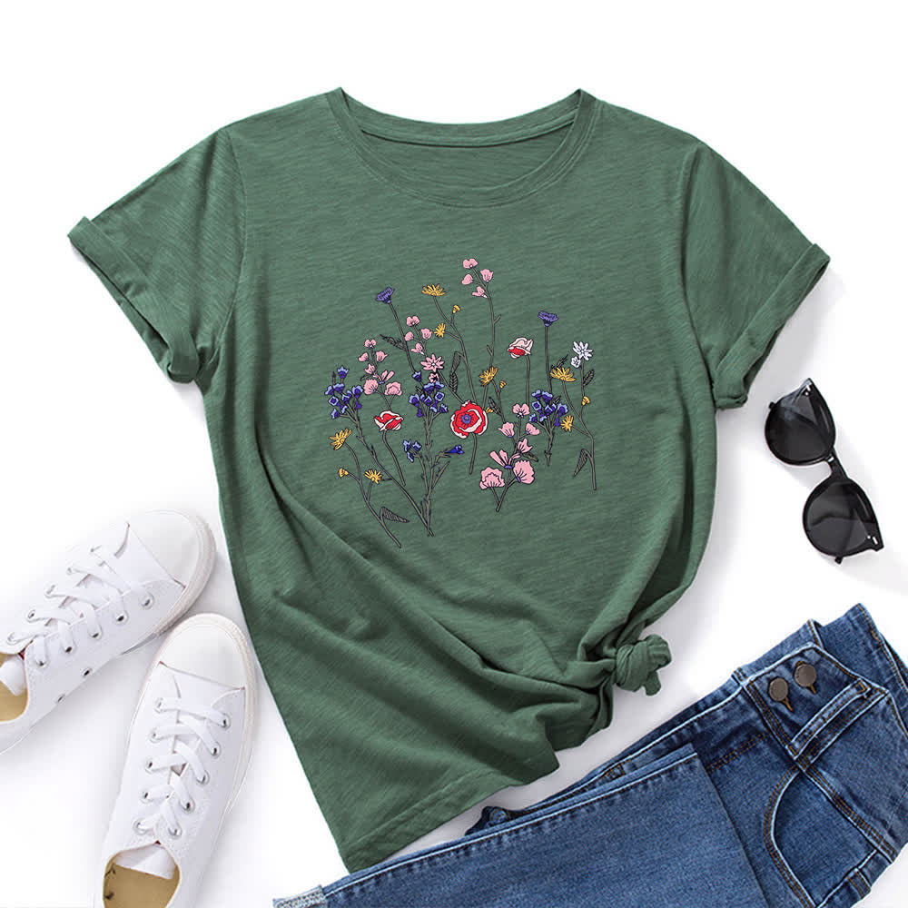 Kurzärmliges T-Shirt mit Blumendruck in Übergröße - Armeegrün - 5XL - image 7