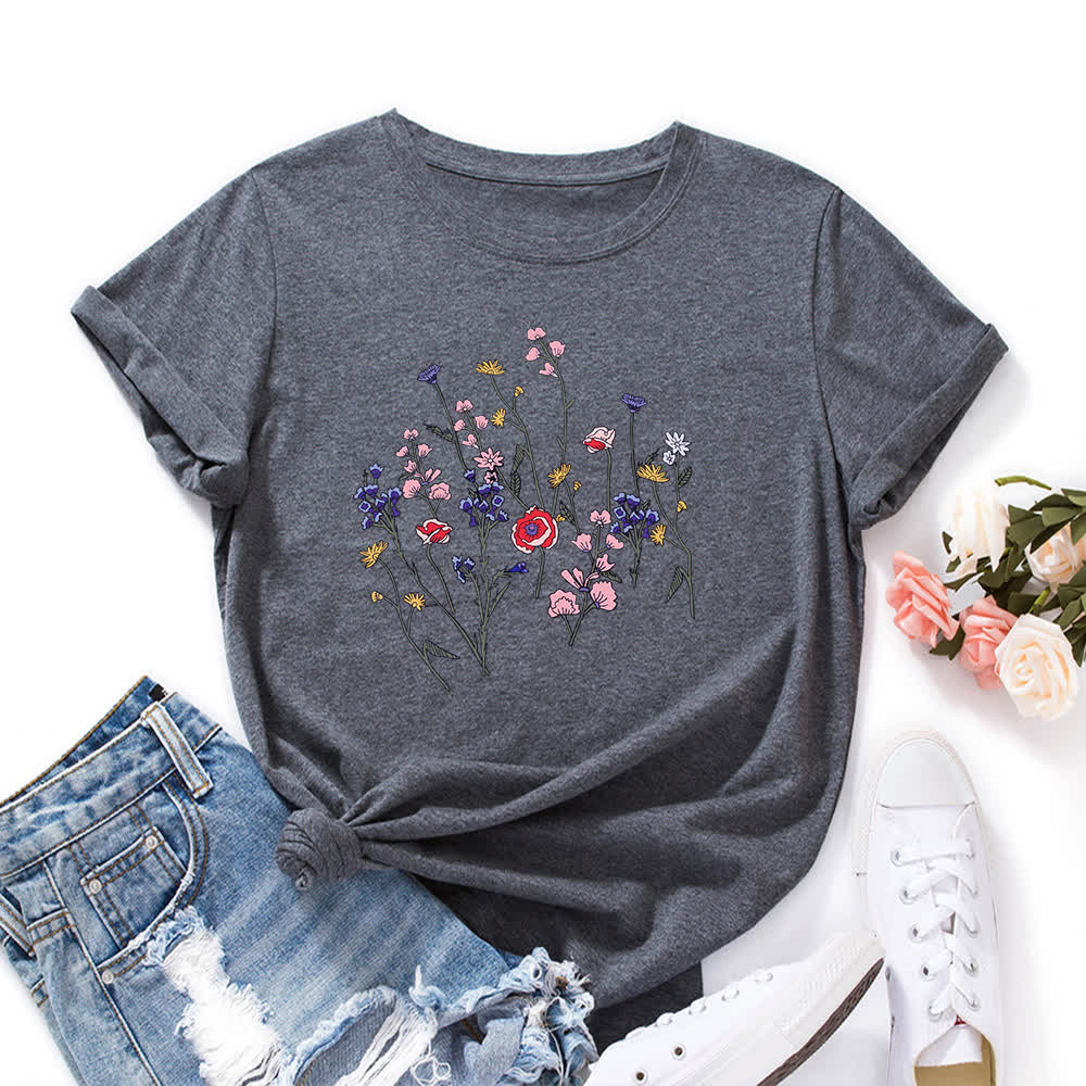 Kurzärmliges T-Shirt mit Blumendruck in Übergröße - Dunkelgrau - 5XL - image 9