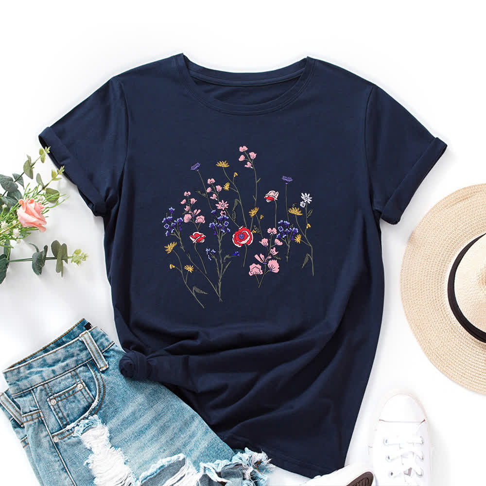 Kurzärmliges T-Shirt mit Blumendruck in Übergröße - Marineblau - 5XL - image 6