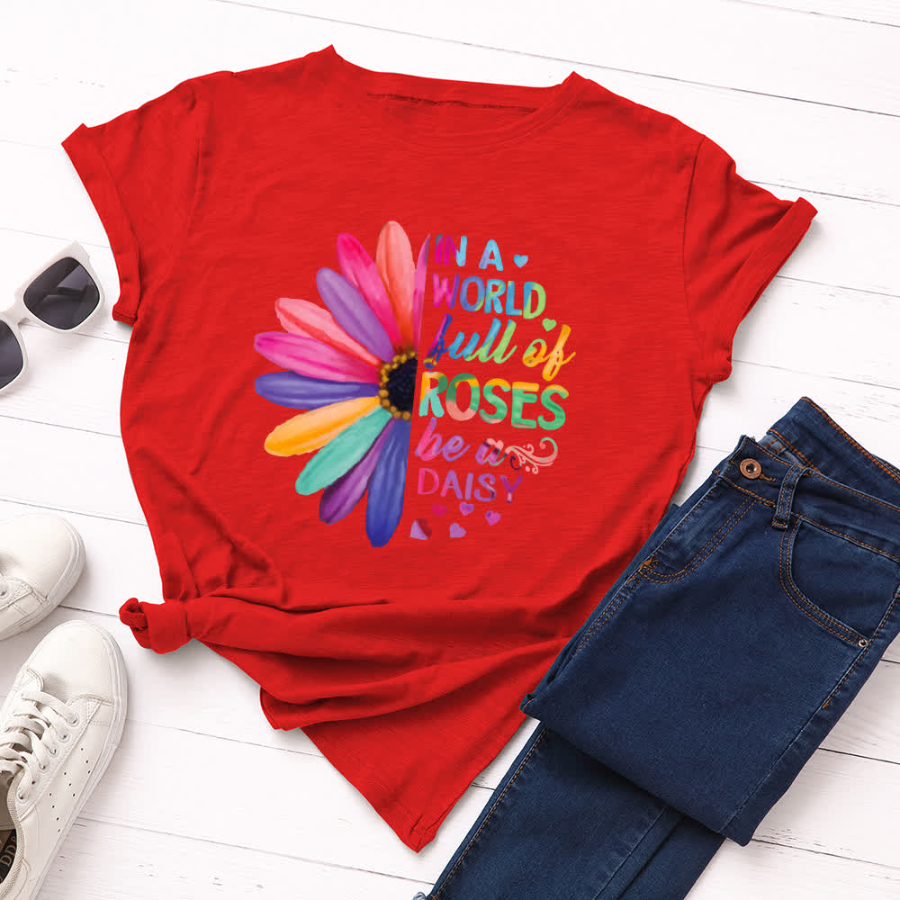 Kurzärmliges T-Shirt mit Gänseblümchen-Print in Übergröße - Rot - 5XL - image 2
