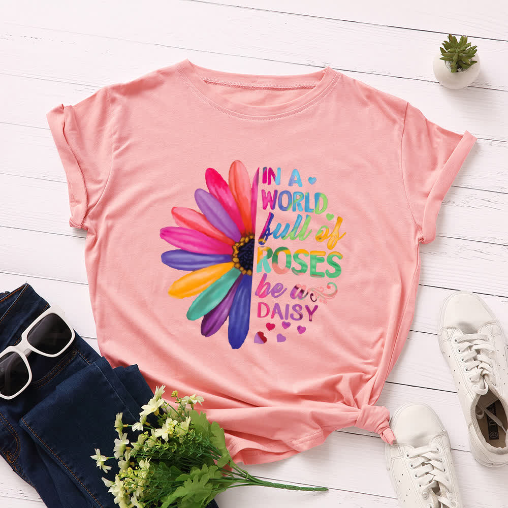 Kurzärmliges T-Shirt mit Gänseblümchen-Print in Übergröße - Rosa - 5XL - image 7