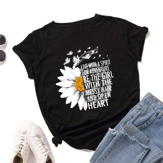 Kurzärmliges T-Shirt mit Blumen- und Buchstabenmuster in Übergröße - Schwarz - 5XL - image 1