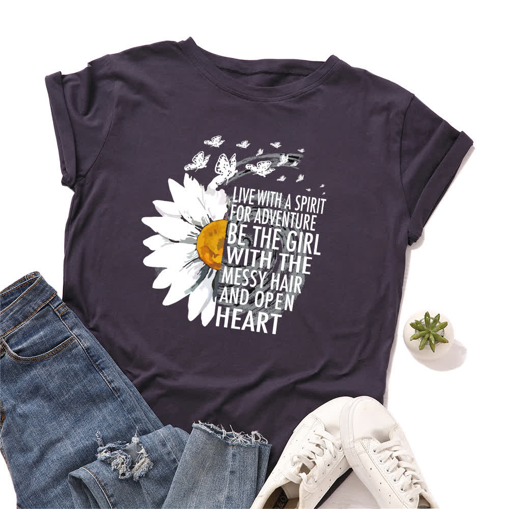 Kurzärmliges T-Shirt mit Blumen- und Buchstabenmuster in Übergröße - Marineblau - 5XL - image 9
