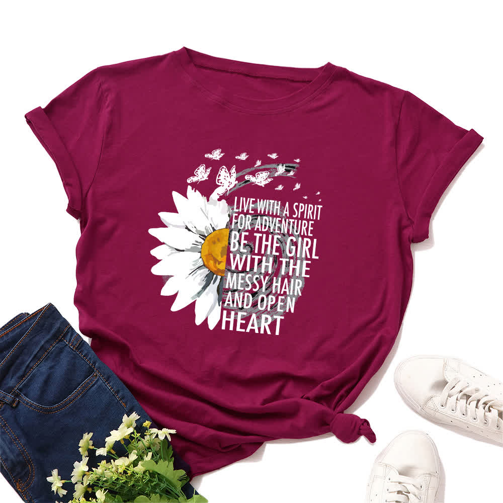 Kurzärmliges T-Shirt mit Blumen- und Buchstabenmuster in Übergröße - Wein - 5XL - image 10