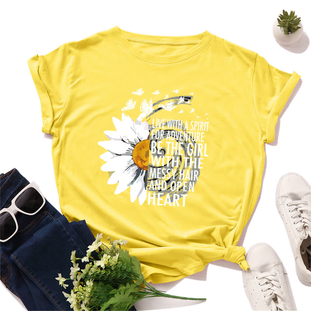 Kurzärmliges T-Shirt mit Blumen- und Buchstabenmuster in Übergröße - Gelb - 5XL - image 3