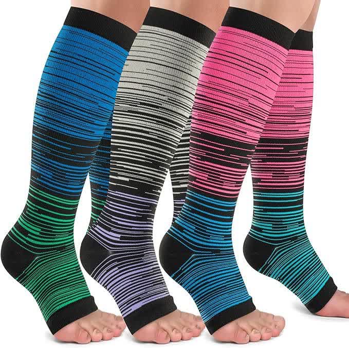 Schwarz gestreifte Kompressionsstrümpfe mit offener Spitze (3 Paar) - Mehrfarbig - 2XL - image 1