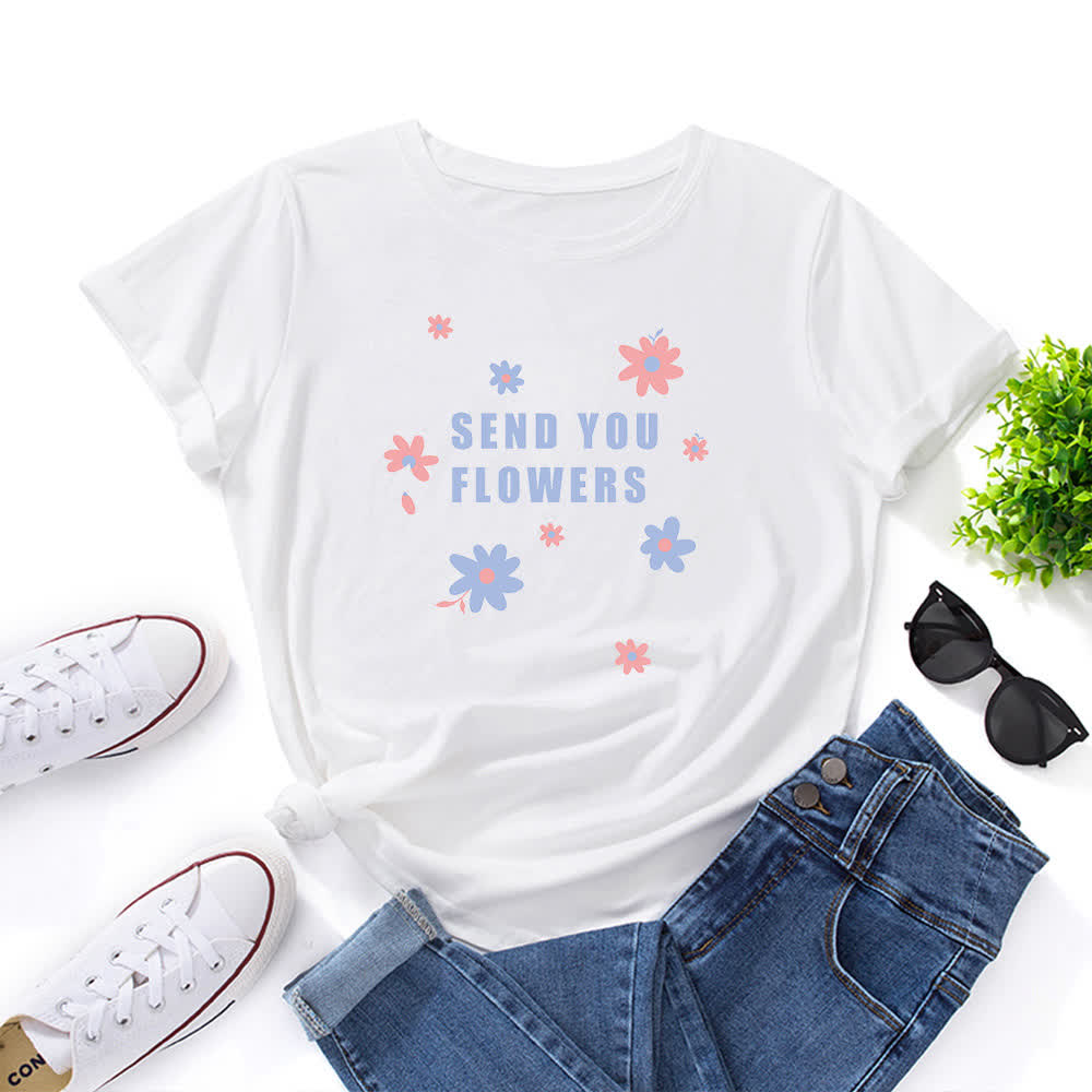 T-Shirt mit Rundhalsausschnitt und Blumenmuster in Übergröße - Weiß - 5XL - image 4