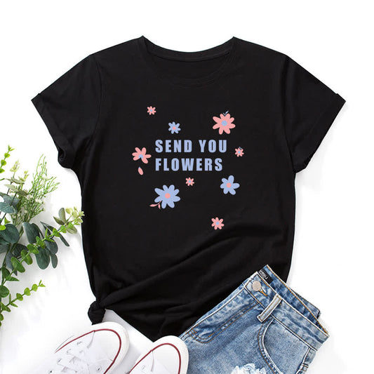 T-Shirt mit Rundhalsausschnitt und Blumenmuster in Übergröße - Schwarz - 5XL - image 1
