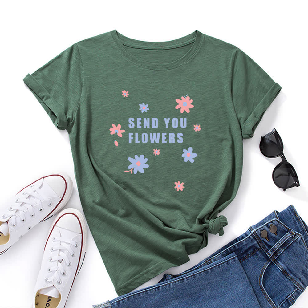 T-Shirt mit Rundhalsausschnitt und Blumenmuster in Übergröße - Armeegrün - 5XL - image 5