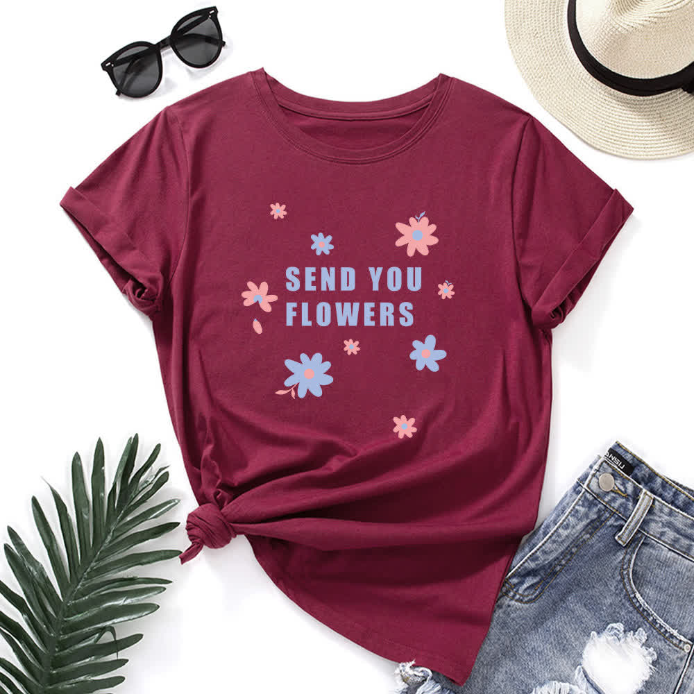 T-Shirt mit Rundhalsausschnitt und Blumenmuster in Übergröße - Wein - 5XL - image 9