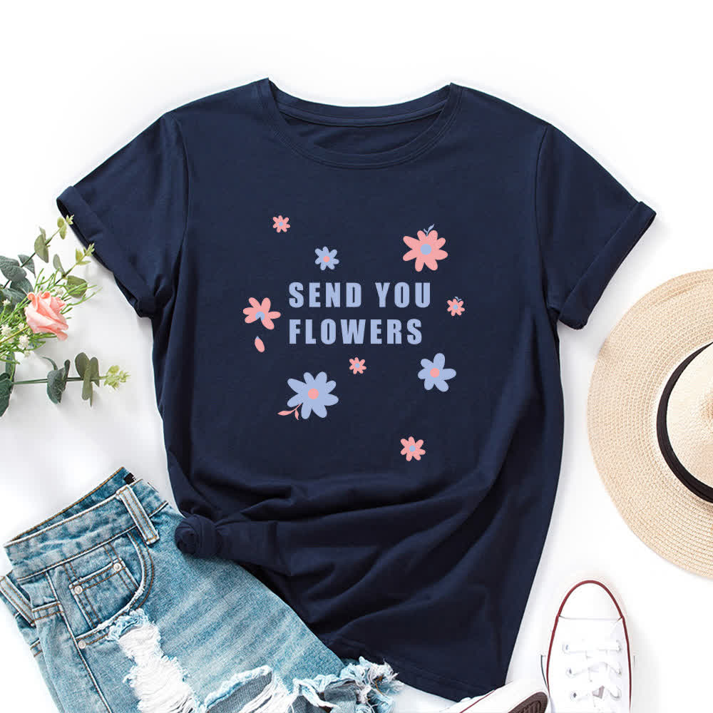 T-Shirt mit Rundhalsausschnitt und Blumenmuster in Übergröße - Marineblau - 5XL - image 6