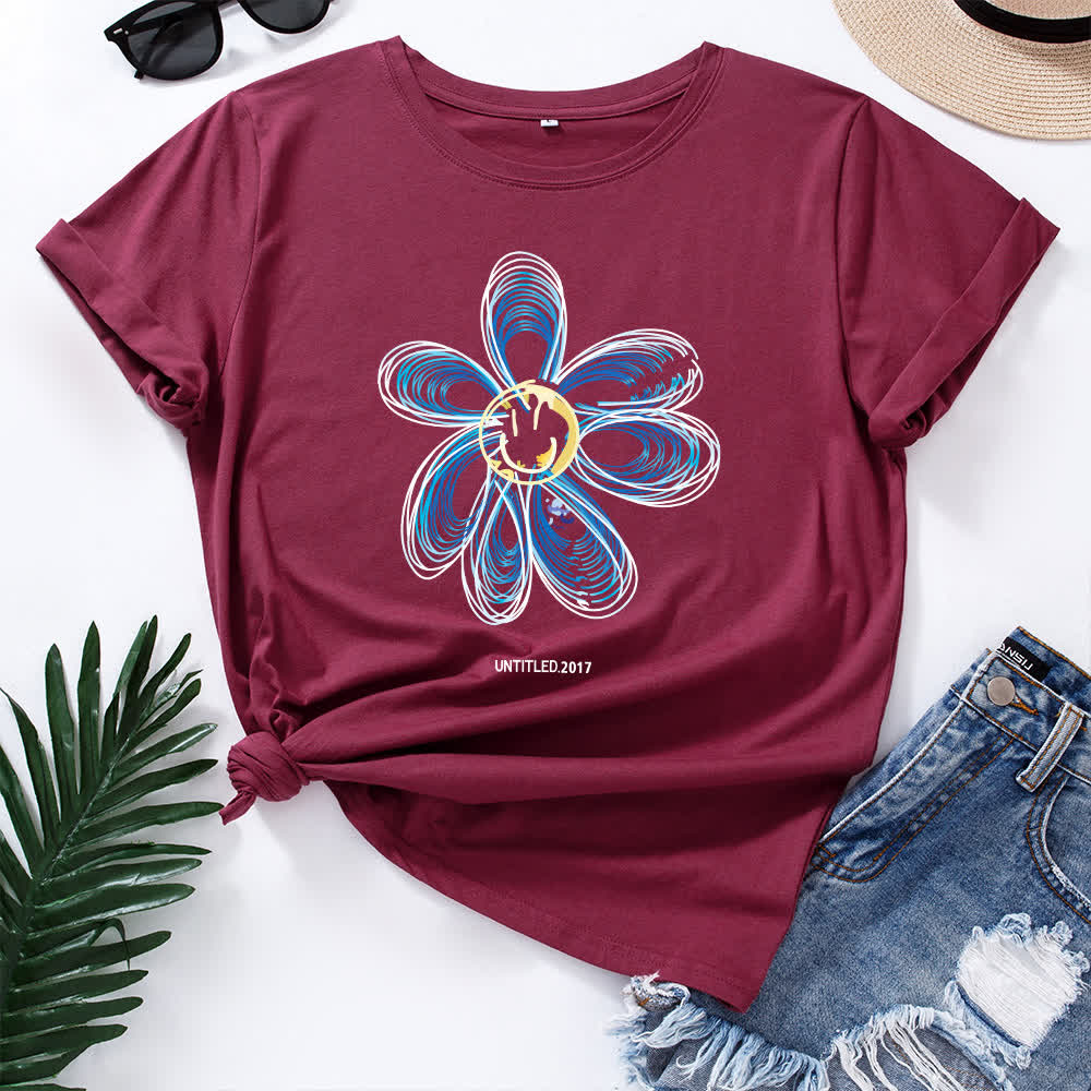 Kreatives Kurzarm-T-Shirt mit Blumenmuster in Übergröße - Wein - 5XL - image 11