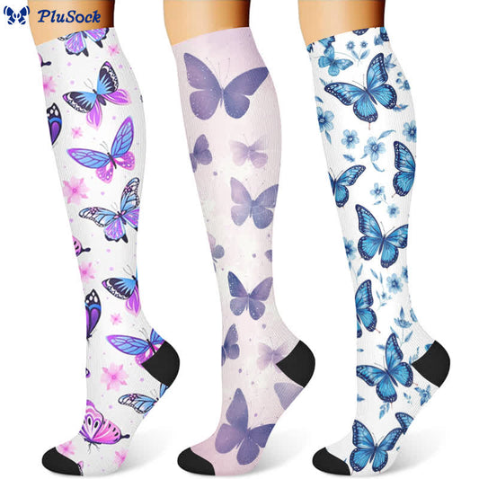 Kompressionsstrümpfe mit Blumen- und Schmetterlingsmotiv (3 Paar) - Mehrfarbig - S/M - image 1
