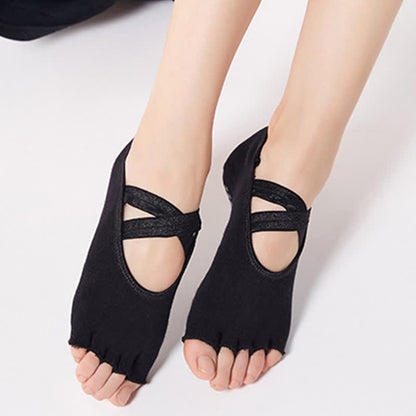 Rutschfeste Bodensocken aus Baumwolle mit gekreuzten Riemen und offener Spitze (6 Paar)