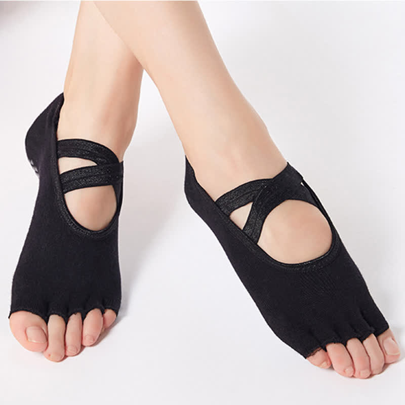 Rutschfeste Bodensocken aus Baumwolle mit gekreuzten Riemen und offener Spitze (6 Paar)