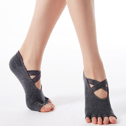 Rutschfeste Bodensocken aus Baumwolle mit gekreuzten Riemen und offener Spitze (6 Paar)