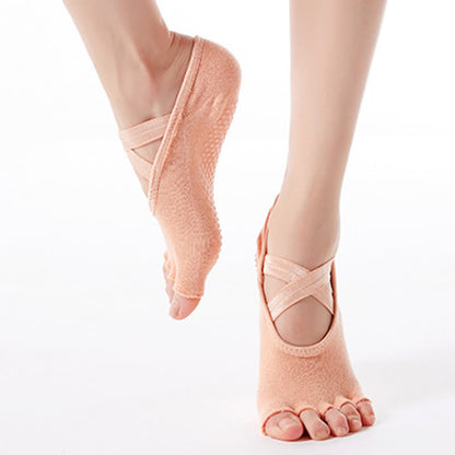 Rutschfeste Bodensocken aus Baumwolle mit gekreuzten Riemen und offener Spitze (6 Paar)