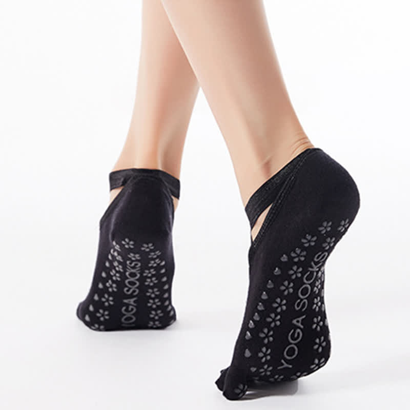 Rutschfeste Bodensocken aus Baumwolle mit gekreuzten Riemen und fünf Zehen (4 Paar)