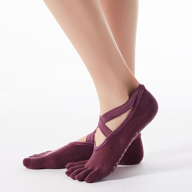 Rutschfeste Bodensocken aus Baumwolle mit gekreuzten Riemen und fünf Zehen (4 Paar)