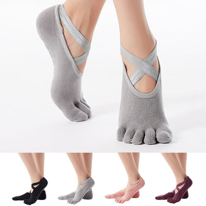 Rutschfeste Bodensocken aus Baumwolle mit gekreuzten Riemen und fünf Zehen (4 Paar)