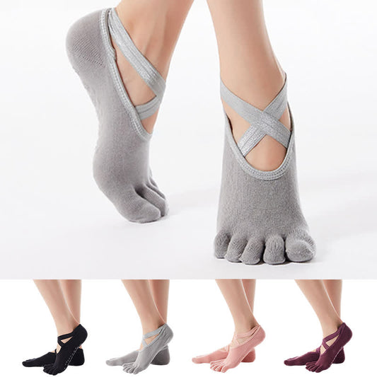 Rutschfeste Bodensocken aus Baumwolle mit gekreuzten Riemen und fünf Zehen (4 Paar)