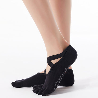 Rutschfeste Bodensocken aus Baumwolle mit gekreuzten Riemen und fünf Zehen (4 Paar)